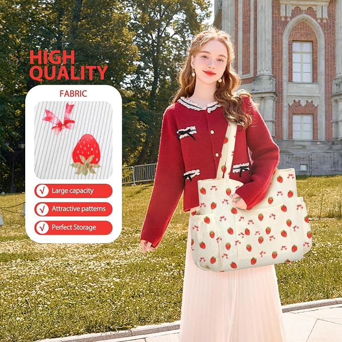 Corduroy Tote Bag for Women,Large Capacity Cute Tote Bags With 6 Pockets,Crossbody Shoulder Handbag for Work Travel Gym - Image 6