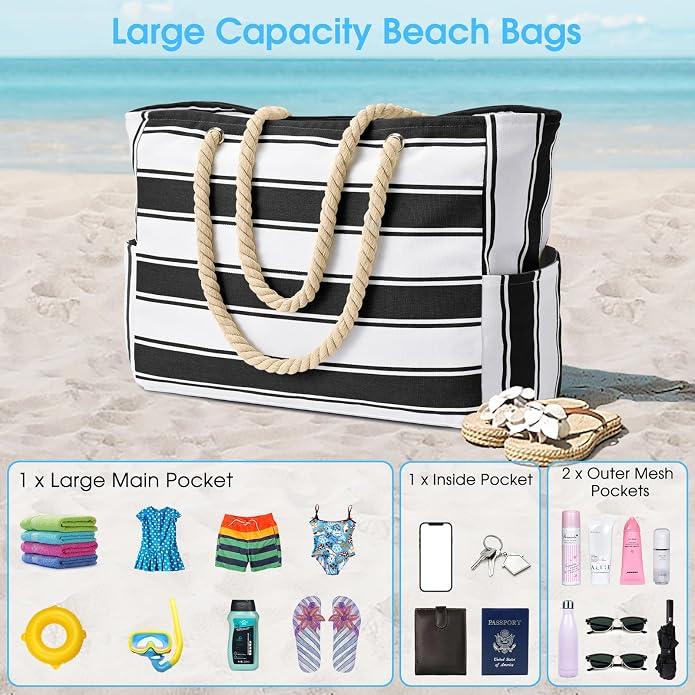 Becokan Beach Bags for Women Large Waterproof Beach Tote Bag Zipper Beach Bags Waterproof Sandproof Swim Pool Bag Large Tote - Image 7