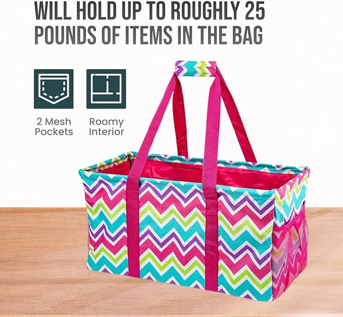 Extra Large Utility Tote Bag - Oversized Collapsible Reusable Wire Frame Rectangular Canvas Basket With Two Exterior Pockets For Beach, Pool, Laundry, Car Trunk, Storage - Chevron Multi - Image 5