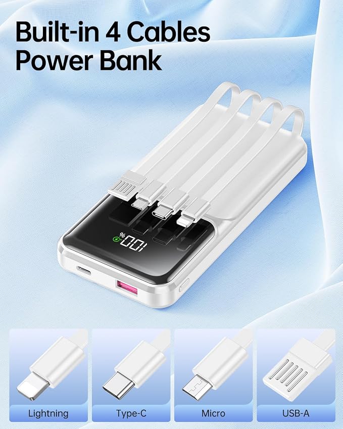 Portable Charger with Built in Cable 20000mAh Fast Charging | Power Bank USB C Slim 22.5W LED Display Battery Pack 5 Outputs & 3 Inputs for Travel Essentials iPhone Samsung Phones White - Image 2