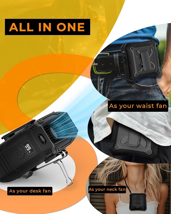 TUNISE Portable Fan with 5-Speed Settings, Dual-Sided Clip on Wearable Belt Waist Fan for 8000mAh, 2 Settings including Flashlight,Travel Essential for Outdoor Camping as Power Bank - Image 7