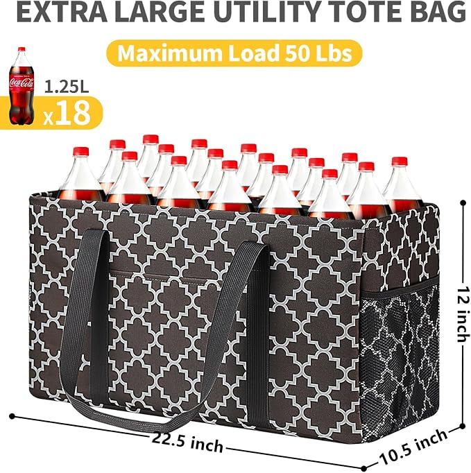GhvyenntteS Extra Large Utility Tote Bag 2 Pack - Stand Up Utility Tote with Metal Wire Frame & Hard Bottom Board, Reusable Grocery Bags With Handles for Storage, Picnics, Beach, Laundry, Car, Camping - Image 4