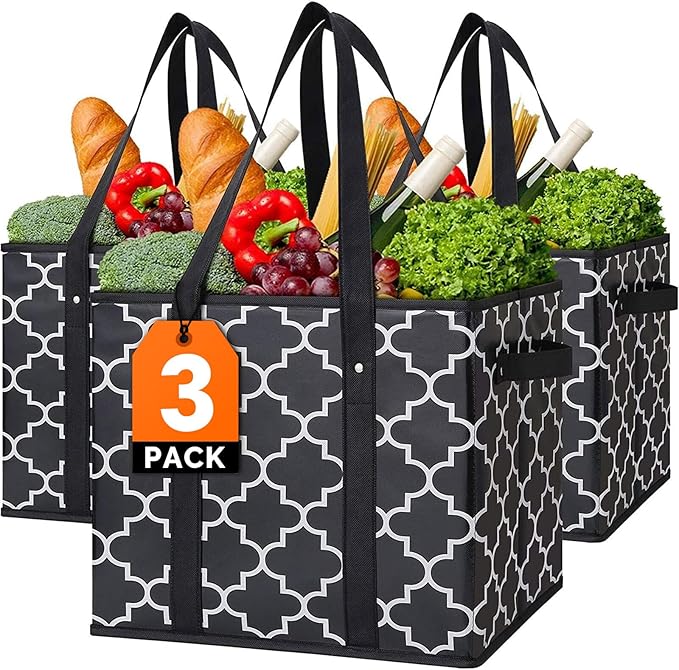 WISELIFE Reusable Grocery Bags 3-Pack Foldable Washable Large Storage Bins Basket Water Resistant Shopping Tote Bag Black | Water Resistant Shopping Tote Bag Bins by WiseLife