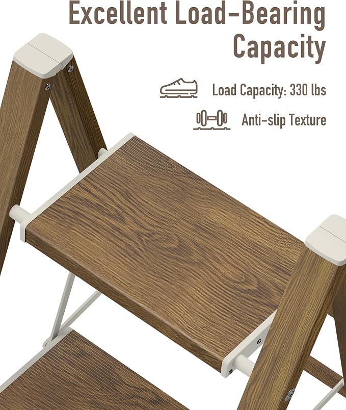 Mayi Plus 3 Step Stool Foldable, Aluminum, Lightweight Step Ladder | Extra-wide anti-slip folding steps with 330 lbs, for home,kitchen,office,outdoor,Cherry woodgrain - Image 5