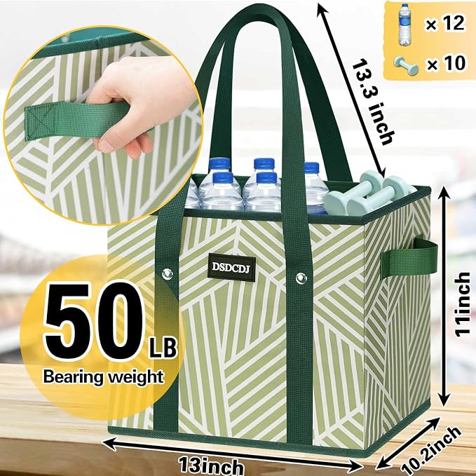 Reusable Grocery Bags 3 Pack - Heavy Duty Reusable Shopping Bags with Hard Bottom & Long Handles, Foldable Utility Tote Bag with Box Shape to Stand Up, 13x10.23x11in, Twill Green - Image 5