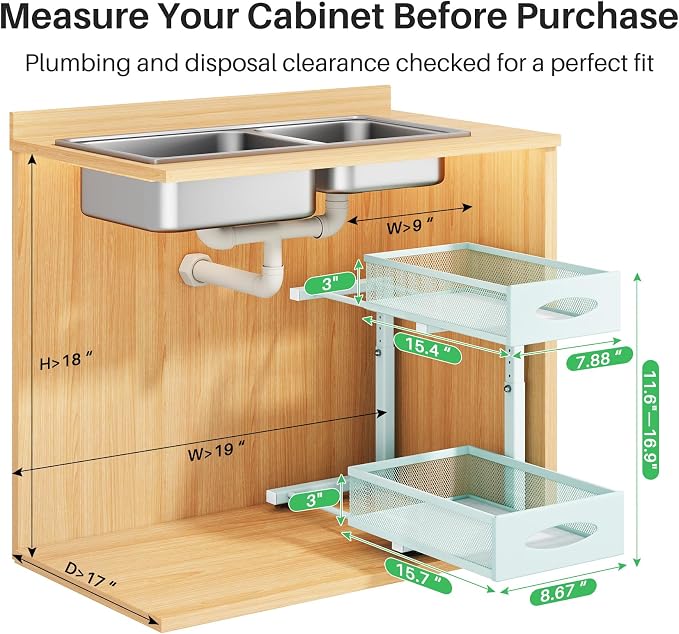 2 Pack Under Sink Organizer, 2 Tier Pull out Cabinet Organizer Mesh Baskets with 5 Adjustable Heights, Sliding Drawers Storage Shelf for Home, Kitchen, Bathroom, Pantry, Office, Countertop ,Blue - Image 2