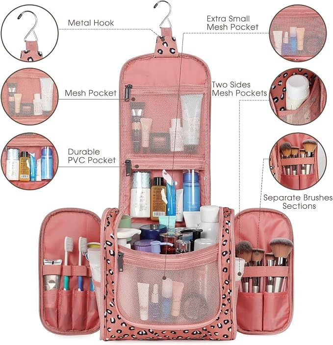 Narwey Hanging Cheetah Toiletry Bag for Women Travel Makeup Bag Organizer Toiletries Bag for Cosmetics Essentials Accessories (Large, Orange Leopard) - Image 7