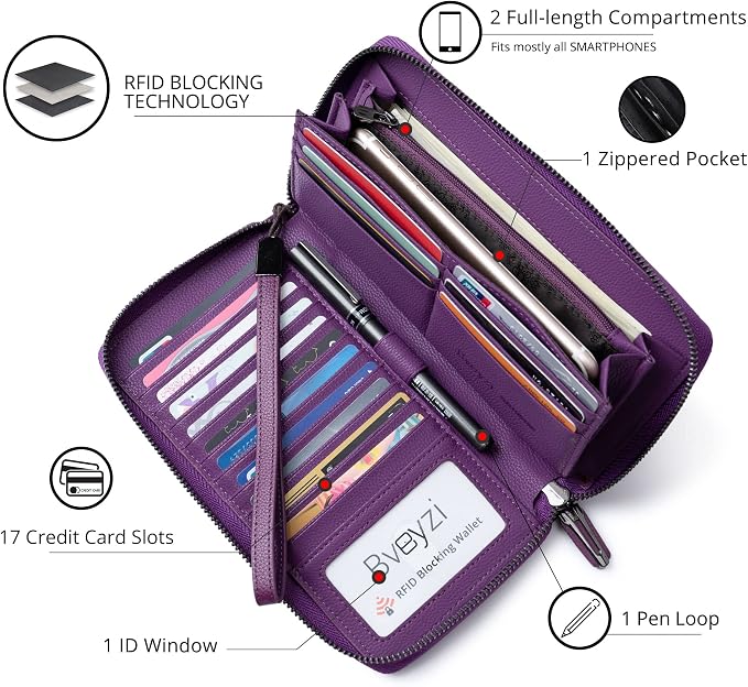 Bveyzi Women RFID Blocking Wallet Leather Zip Around Phone Clutch Large Capacity Ladies Travel Purse Wristlet - Image 2