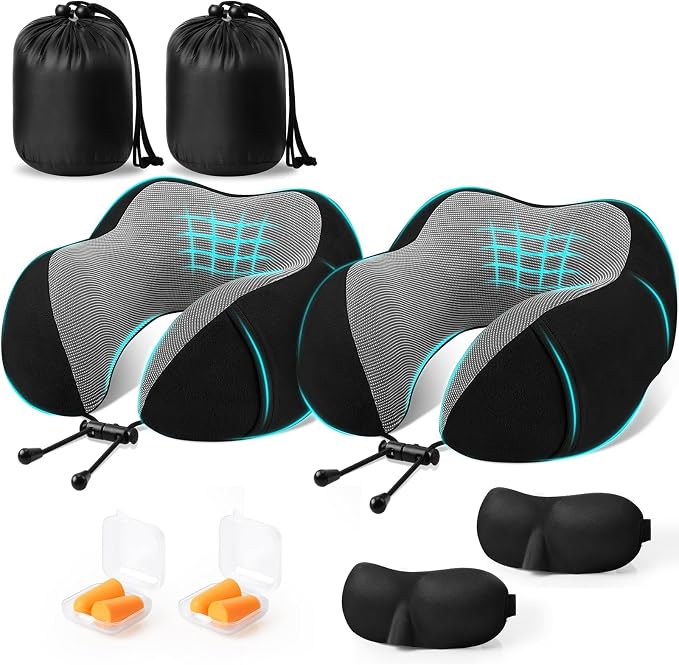 CloudBliss Memory Foam Travel Neck Pillow, Set of 2, Black & Black | Travel Neck Pillow for Long Flight, Train, Car & Office, Plane Travel Accessories with Eye Mask, Earplugs, Storage Bag by CloudBliss