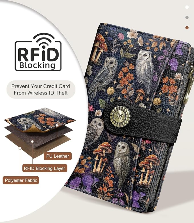 Owl Wallet Women RFID Bifold, Passport Holder, Credit Card Holder | 6.7" x 4.4" x 1.3" Bifold, Travel billfold, Zipper Pocket, PU Leather Clutch, Purse, ID Window, Pen Holder, Gift Ladies Girl - Image 4