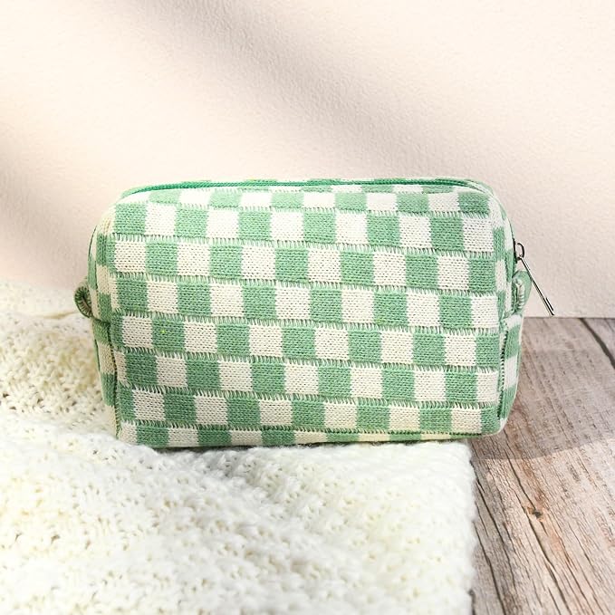 SOIDRAM 2 Pcs Checkered Makeup Bag Large Cosmetic Bag Toiletry Bag Makeup Pouch Travel Bag Organizer Cute Makeup Brushes Aesthetic Accessories Storage Bag for Women Green - Image 4