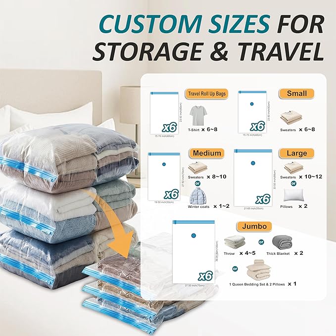 Cozy Essential Vacuum Storage Bags, 80% Compression Vacuum Seal Space Saver Plastic Packaging Bags for Clothes, Blankets, Pillow, Bedding, Comforters, Sealer Clothing Storage,30 Combo - Image 3