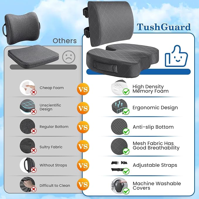 Back&Seat Cushion, Chair Cushions, Lumbar Back Support Pillow, Grey/X-Large | Breathable Memory Foam Back Support Pillow, Portable Airplane Seat Cushion for Travel, Computer Desk, Wheelchair, Driving - Image 4