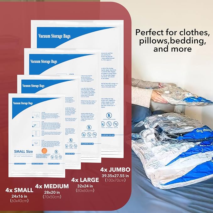 Vacuum Seal Bags for Clothing Travel & Home Storage, travel vacuum bags with pump, Store Blankets, Comforters, Pillows, Seasonal Clothes Compactly,16 Pack With Electric Pump - Image 3