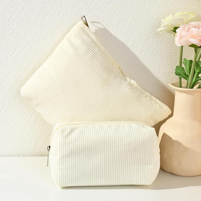 SOIDRAM 2 Pieces Corduroy Makeup Bag Large Corduroy Cosmetic Bag Capacity Canvas Mix Travel Toiletry Bag Organizer Cute Makeup Brushes Aesthetic Accessories Storage Bag for Women - Image 7
