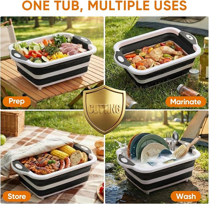 Collapsible BBQ Prep Tub with Lid, Foldable Camping Sink with Colander, Cutting Board, Dish Basin for Kitchen, Bowl, Vegetable and Fruit, Storage Basket for Picnic-Black - Image 5