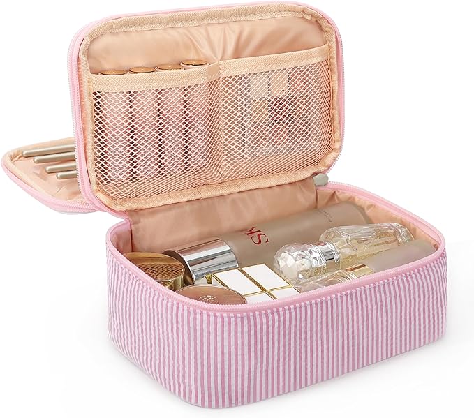 Relavel Pink Makeup Bag, Dual-Layer Cute Travel Cosmetic Bag, Pink Strip | Multi-Functional Small Toiletry Organizer with Make Up Brush Compartment, Travel Bag for Preppy Accessories for Daily Use by Relavel