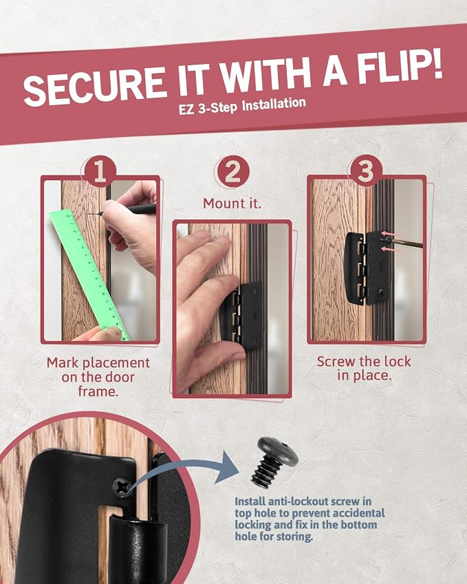 Jack N’ Drill Flip Action Door Lock (6 Pack)- Reversible Privacy Door Locks with Anti Lockout Screw for Child Proofing and Home Defense, Easy to Install and Durable Lock for Interior Swing-in Doors - Image 4