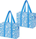 VENO 2 Pack Utility Tote Reusable Grocery Bags with Zipper & Hard Bottom | Heavy Duty Foldable Water-Resistant Shopping Bags for Summer Beach, Pool, Picnic & Travel Carry-on (Spring Breeze, 2 Pack) by Veno