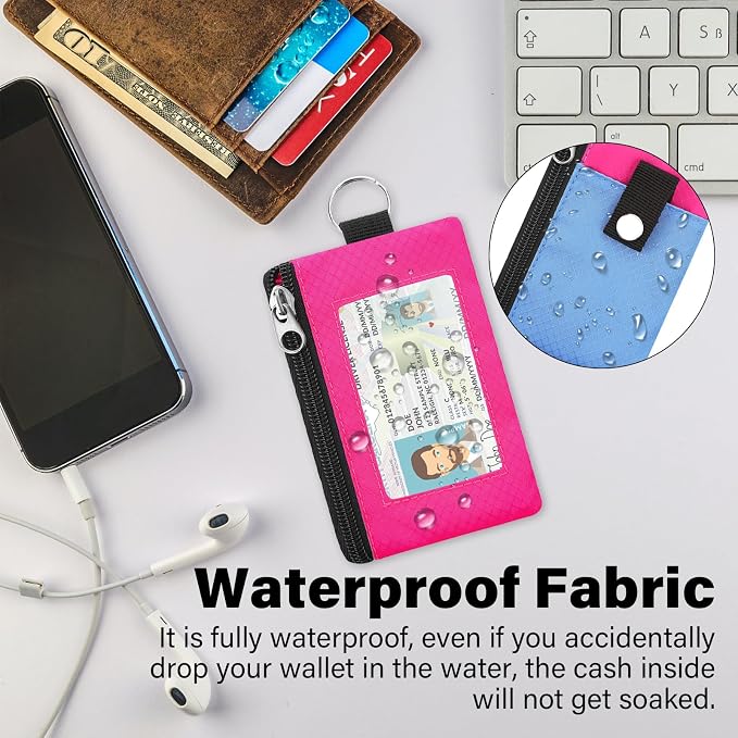 Minimalist RFID Blocking Wallet with 2 Zip Pockets and Lanyard, Water Resistant ID Case with Key Ring and Cards Badge Holder, Coin Purse Pouch for Men and Women Travel Sports -BU+ROSE - Image 4