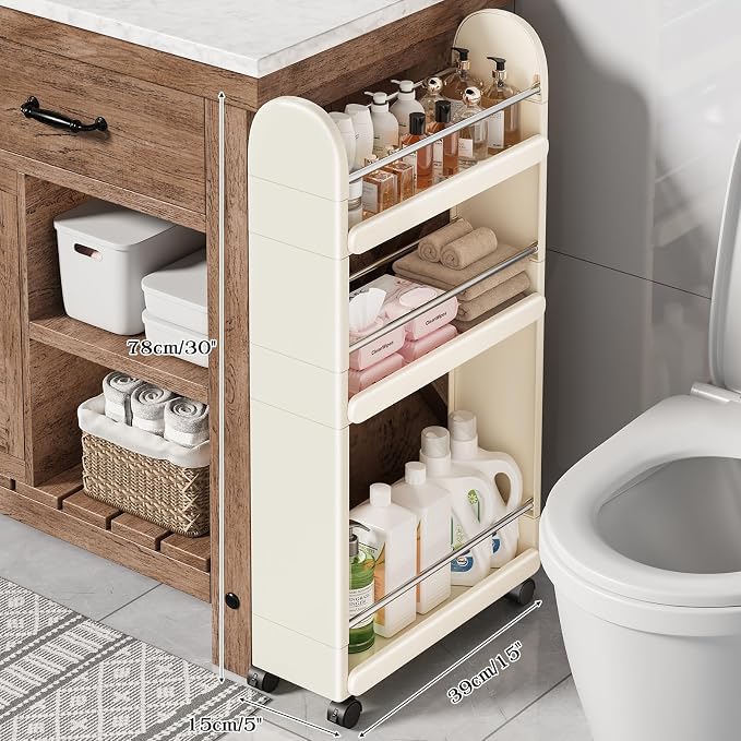 MiaLi 3 Tier Slim Storage Cart with Wheels, 1 PCS Colours Utility Slim Cart with Plastic, Adjustable Size for Laundry Kitchen Bathroom Narrow Places, Easy to Clean, Space Saving (Colours) - Image 2