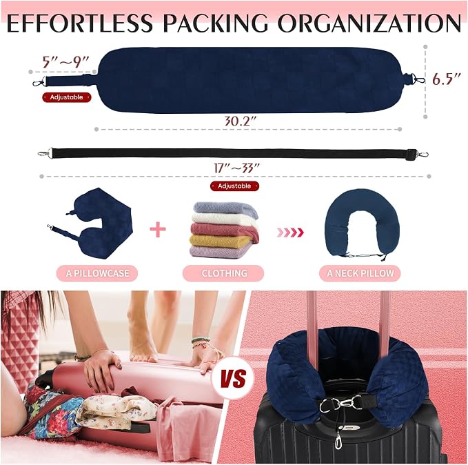 Stuffable Neck Pillow for Travel, Packable Neck Pillow (Blue-Checkerboard) | Velvet cover, Stuff with clothes to save luggage space, No extra baggage fees, Fits 5+ days travel essentials, Zipper closure - Image 5