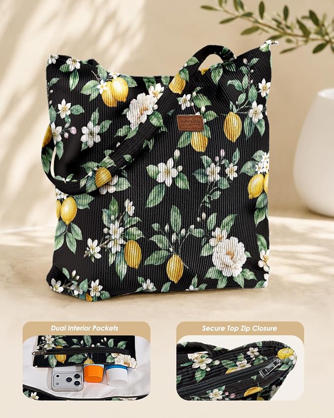 Aesthetic Corduroy Tote Bag with Zipper for Women | Reusable, Fits 14 Inch Laptop, Inner Pocket, double-sided print, Lightweight - Image 4