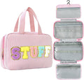 Travel Toiletry Bag for Women Chenille Letter Cosmetic Bag Fashion Stripes Water-resistant Makeup Bag with Hanging Hook for Store Toiletries Cosmetic Accessories Medium Pink by Unknown