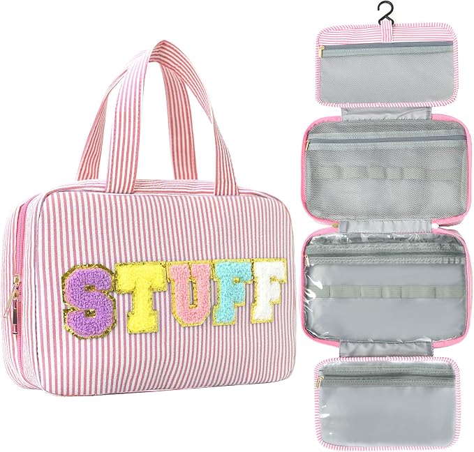Travel Toiletry Bag for Women Chenille Letter Cosmetic Bag Fashion Stripes Water-resistant Makeup Bag with Hanging Hook for Store Toiletries Cosmetic Accessories Medium Pink by Unknown