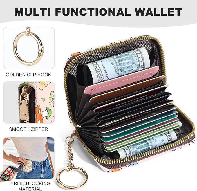 Credit Card Holder for Women,Small Rfid Wallet with Keychain Zipper,Cute PU Leather Card Case Wallet，Accordion Credit Card Wallets Gift,Little Mushroom - Image 2