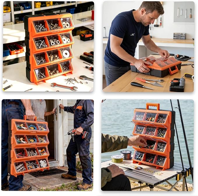 ULIBERMAGNET Tool Box Organizer,12-Compartment Portable Small Parts Organizer for Screws, Bolts,Nails,Washers, Wall-Mounted Hardware Storage Boxes for Garage, Truck, Workshop (Orange) - Image 8
