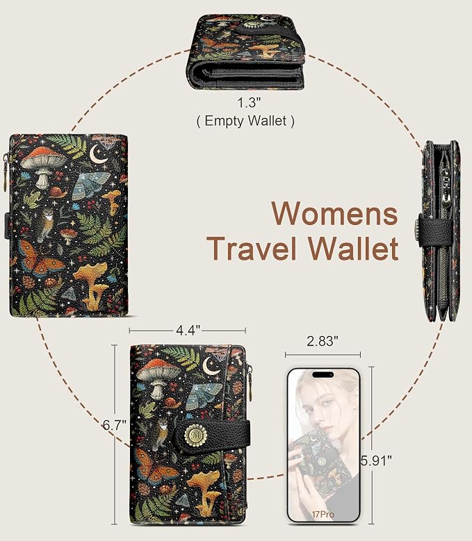 Mushroom Wallet Women RFID Goth Passport Holder Credit Card Holder | 6.7" x 4.4" x 1.3" Bifold, Travel billfold, Zipper Pocket, PU Leather, Clutch, Purse, ID Window, Pen Holder, Gift Ladies Girl - Image 5