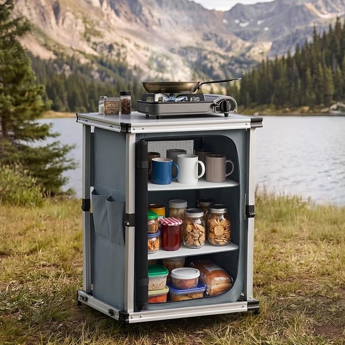 VEVOR Folding Camping Storage Cabinet, Outdoor Portable Aluminum Lightweight Table, Quick Set-up Compact Kitchen Cook Station, with 3 Shelves and Carry Bag, for Picnic, BBQ, Camping, RV Traveling - Image 2