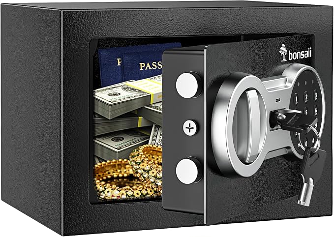 Bonsaii Safe Box with Electronic Keypad, Steel Security Lock Box with Key, 0.23 Cubic Feet, 9.06" W x 6.69" D x 6.69" H, Small Hidden Safe for Cash Jewelry | SPHC steel, 2 reinforcement bolts & hidden hinges, USB-C backup power, 9.06"x6.69"x6.69", fits... by bonsaii