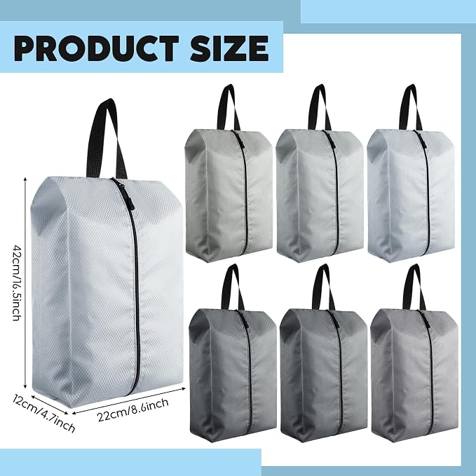 6 Pcs Travel Shoe Bags with Zipper Nylon Portable Waterproof Suitcase Shoe Organizer Packing for Golf(L,Gray) - Image 2