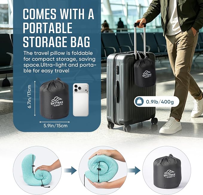 SkytraxComf® Travel Neck Pillow with Hood for Privacy on Long Flights | Memory Foam | Airplane Sleep | Safety-Tested Materials | Extra Large Hood | Chin Support | Earplugs | Washable Cover - Image 8