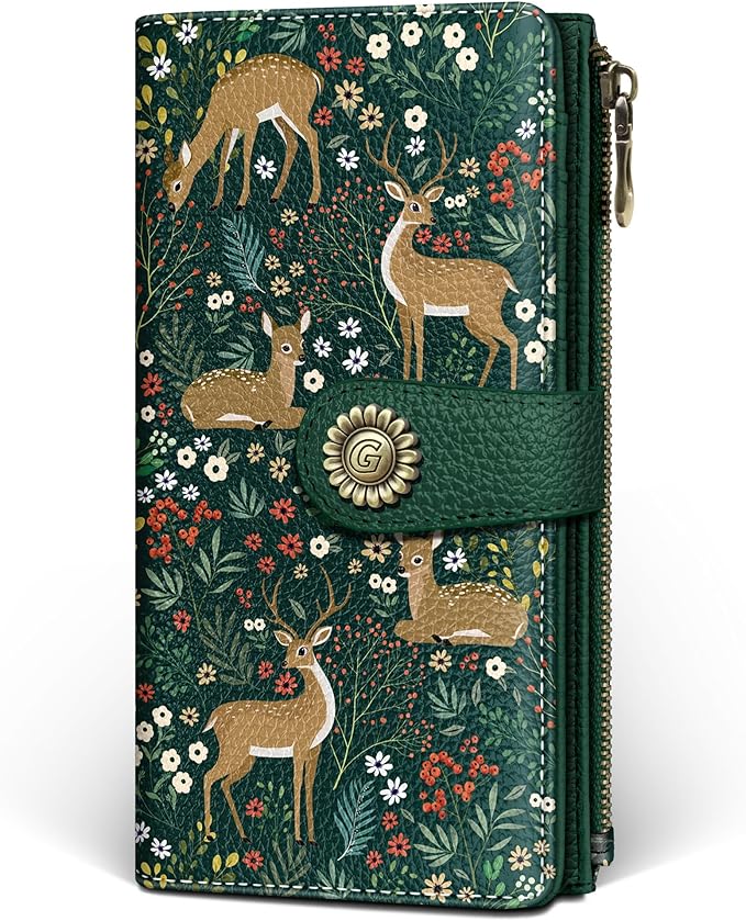 GIANCOMICS Cute Womens Wallet RFID, Flower Forest Credit Card Holder Bifold | Billfold, Cute Cash Purse, Travel Zipper Coin Pocket, Compact Clutch, PU Leather, ID Window, 11 Card Slots, Ladies Gift Woman by Giancomics