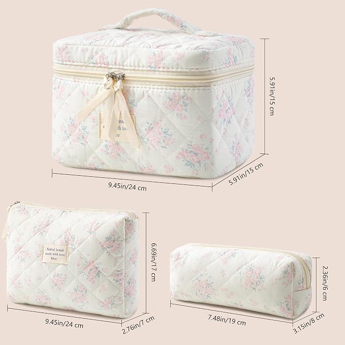 HBselect Quilted Makeup Bag, 3Pcs Cotton Large Travel Makeup Bags Organizer | Cute Floral Make up Bag Cosmetic Bag Toiletry Bag for Women Girls, Makeup Pouch for Skincare, Brushes & Travel Essentials - Image 5