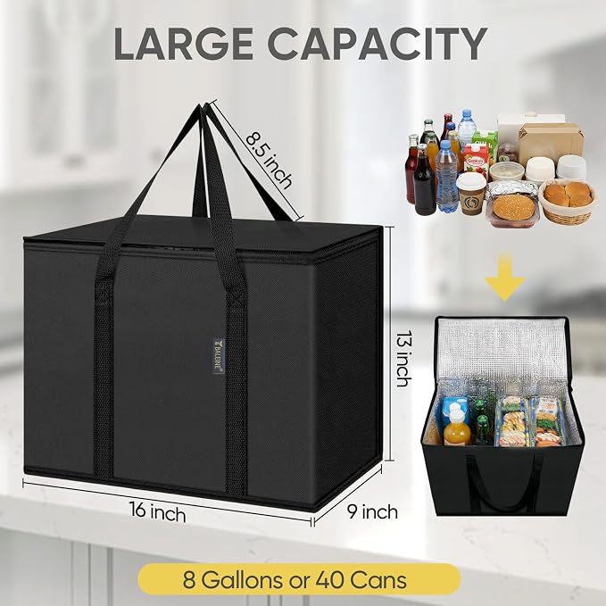 BALEINE 1Pk Insulated Reusable Grocery Bags, Collapsible Cooler Bag for Groceries, Heavy Duty Large Insulated Bag (16''x9''x13'', Charcoal Black) - Image 5
