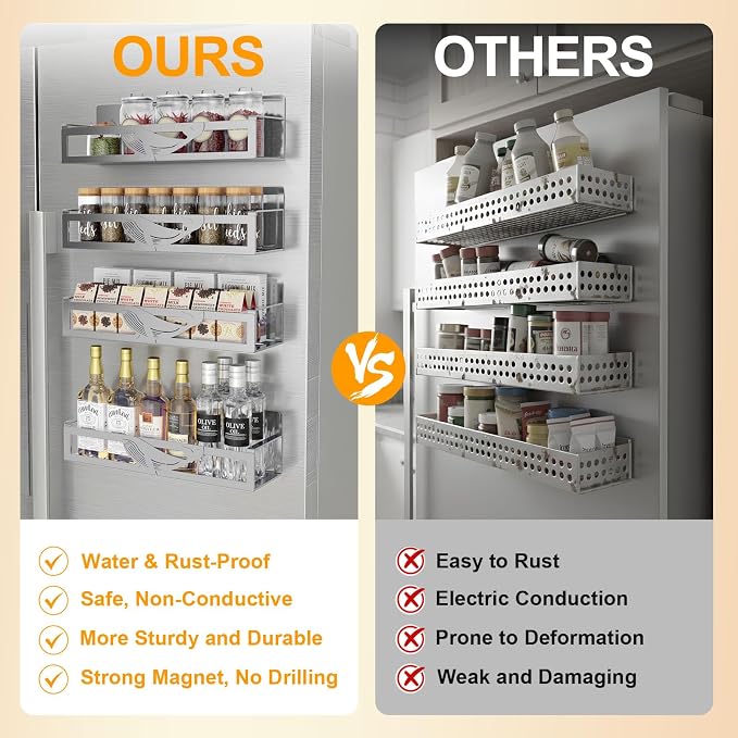 Magnetic Spice Rack for Refrigerator, 4 Pack Metal Magnetic Shelf Organizer for Fridge Side, Strong Spice Storage Rack for Kitchen, Gray - Image 4