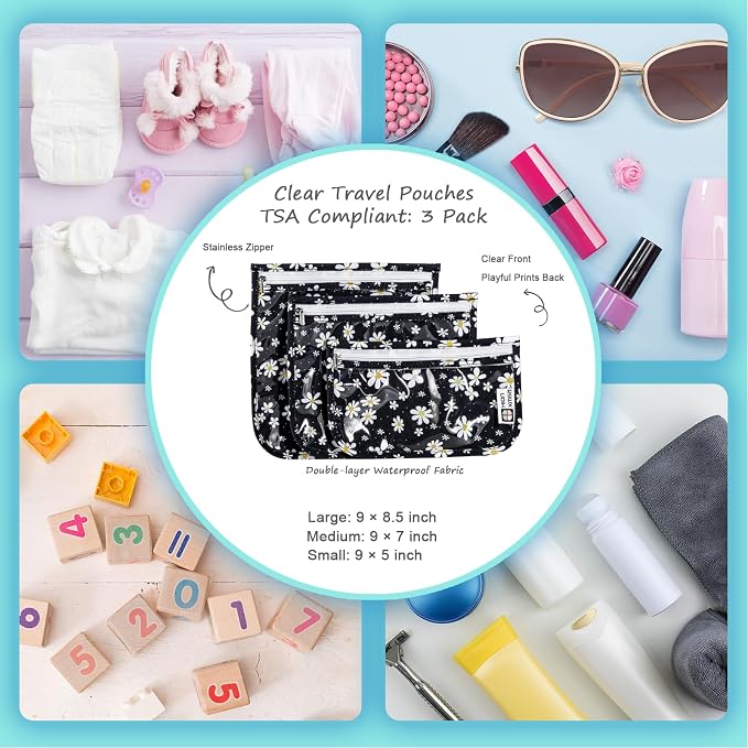 HIONXMGA Set of 3 Clear Travel Toiletry Bag, TSA Approved, Quart Size S/M/L | Clear Front Zipper Pouches Waterproof Cosmetics Bags for Women Kids Toiletries Baby Essentials Well-Organized Carry, Petals - Image 5