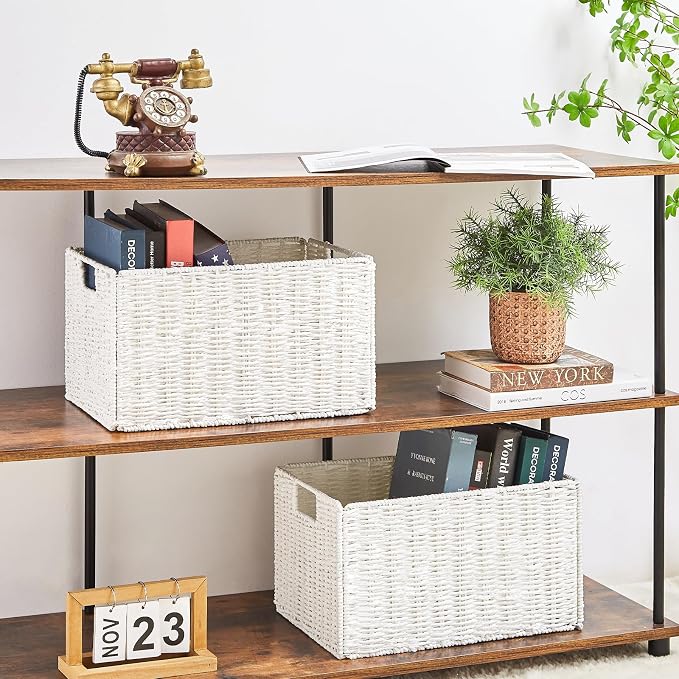 Wicker Storage Basket, Set of 2 Hand-Woven Paper Rope Wicker Basket, Large Storage Baskets for Organizing, Foldable Large Cube Storage Organizer Bins for Shelves (White) - Image 3