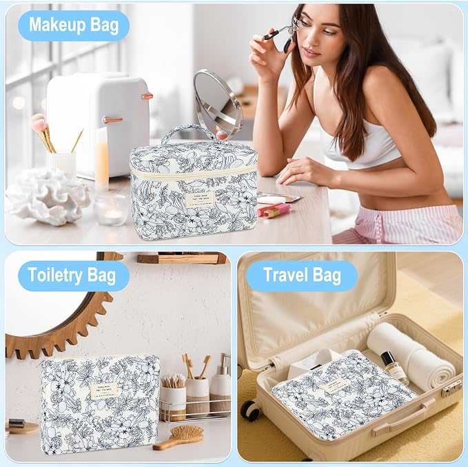 URSKYTOUS 3Pcs Cotton Quilted Makeup Bag for Women Girls Large Small Travel Black Floral Cosmetic Bags Set Cute Coquette Makeup Pouch for Purse Aesthetic Cloth Flower Storage Toiletry Bag Organizer - Image 4