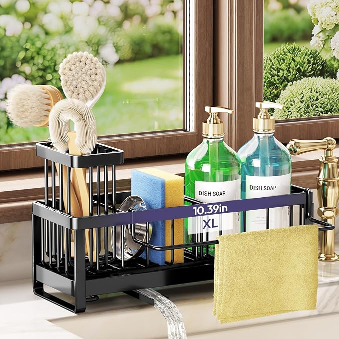 SWTYMIKI Sponge Holder for Kitchen Sink - Sink Caddy with Brush Holder Self-draining Sponge Caddy Organizer with Divider Stainless Steel Kitchen Accessories Storage for Countertop, Black - Large by SwtyMiki-TidyHomeSweetLife