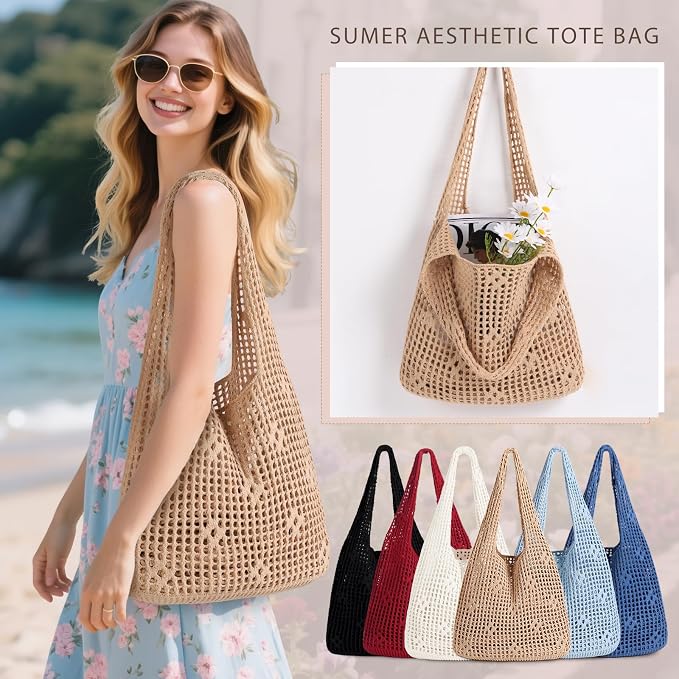 Sightor Crochet Tote Bag, Mesh Beach Bag Knit Summer Hobo Bag for Women | Beach Tote bag Vacation Outfits Aesthetic Boho Bag - Image 6