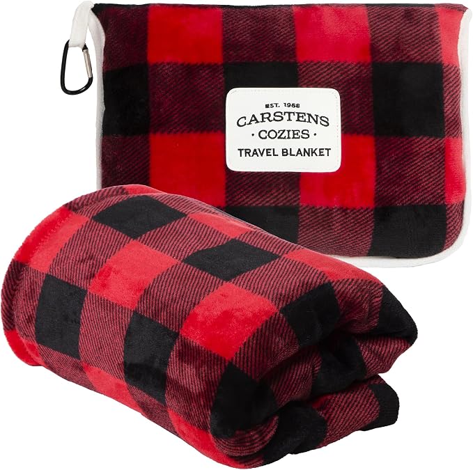 Carstens, Inc. Travel Blanket, Premium Compact 2-in-1 Airplane Blanket/Pillow, Red Buffalo Plaid by Carstens