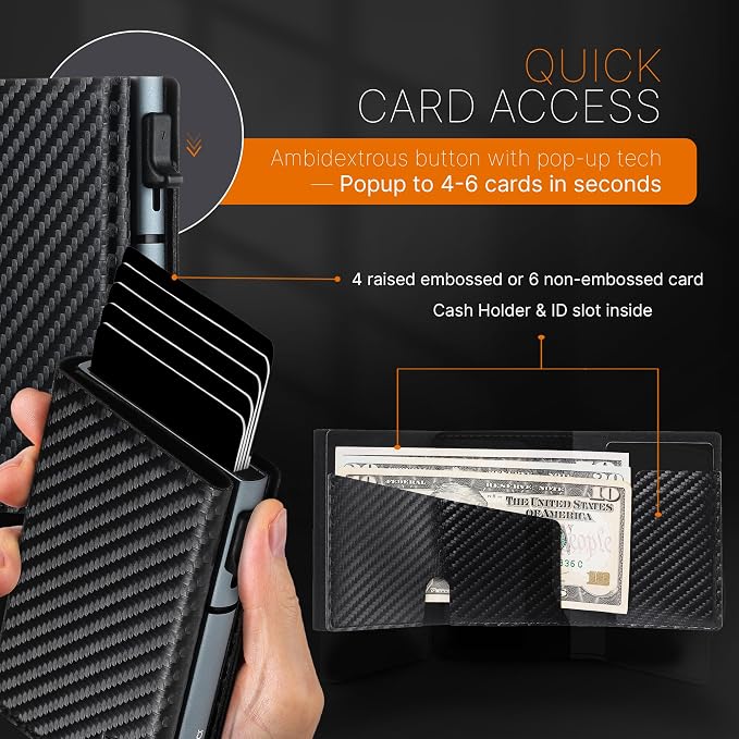 Pop Up Wallet for Men RFID Slim Card Holder Black Carbon | Holds 4-6 Cards with Cash & ID Storage, Featuring One Click Metal Card Ejector & Slim Carbon Design for Daily Carry - Image 4