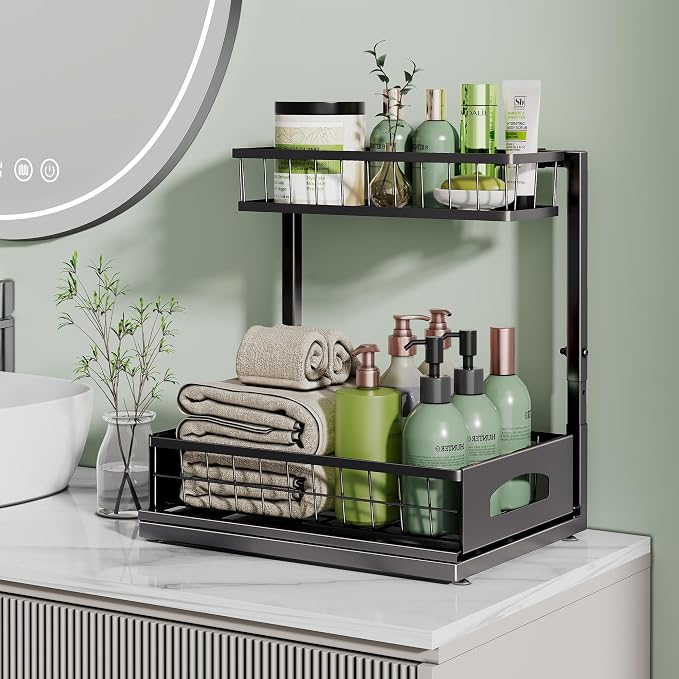 Under Sink Organizer, 1-Pack L-Shaped Metal Pull-Out Drawers for Kitchen | Cabinet Organizer Height Adjustable Heavy Duty Metal 2-Tier Storage Fits Beside Common Pipes for Bathroom Pantry - Image 7