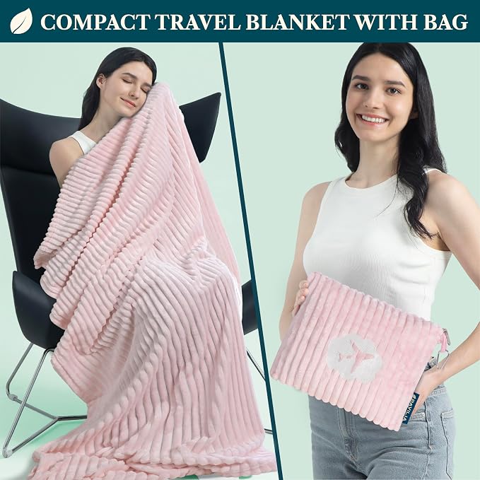 PAVILIA Travel Blanket Pillow, Soft Ribbed Fleece Airplane Blanket, Pink | 65x40, Compact Packable Plane Throw with Bag, Luggage Strap and Back Pocket, Cozy Flight Essentials Travelers Camping Gift - Image 2