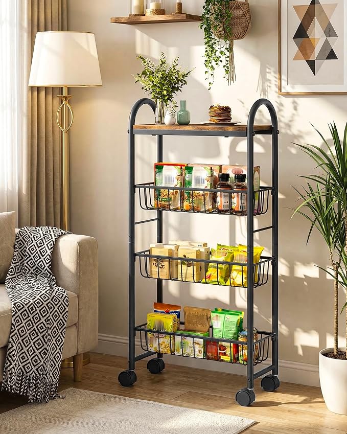 Slim Storage Cart, Storage Shelf on Wheels, Storage Rack with Pull-Out Baskets, Movable Cart with Handles, for Kitchen, Laundry Room, Living Room, Black and Rustic Brown TTC05BF - Image 2